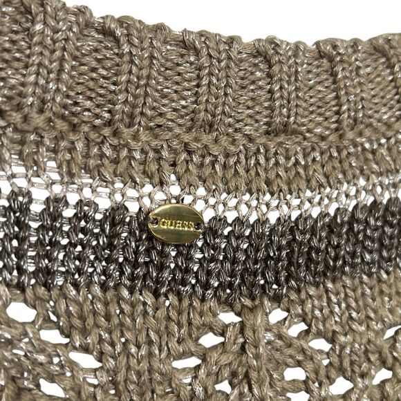 Guess Striped Wool Blend Open Knit Metallic V-Neck Sweater Taupe Gray Size Small - Picture 10 of 11